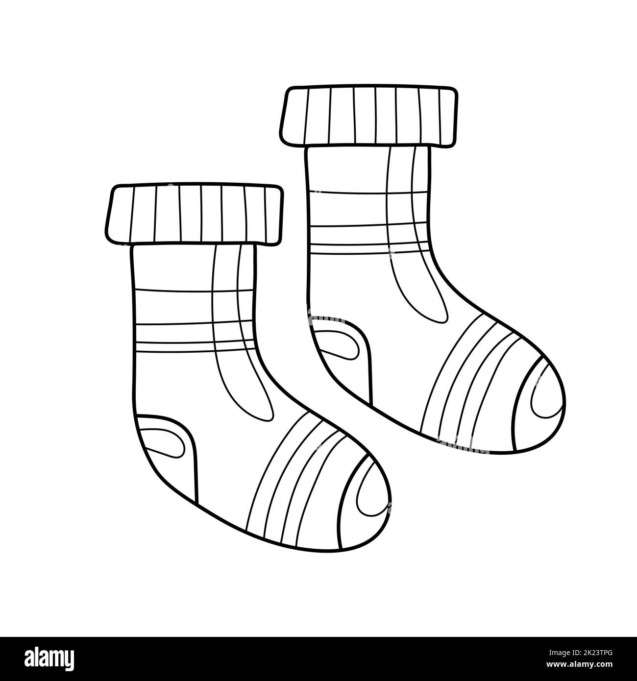 Chaussettes chaudes automnales tricotées, illustration vectorielle monochrome en style dessin animé sur fond blanc. Livre de coloriage Illustration de Vecteur