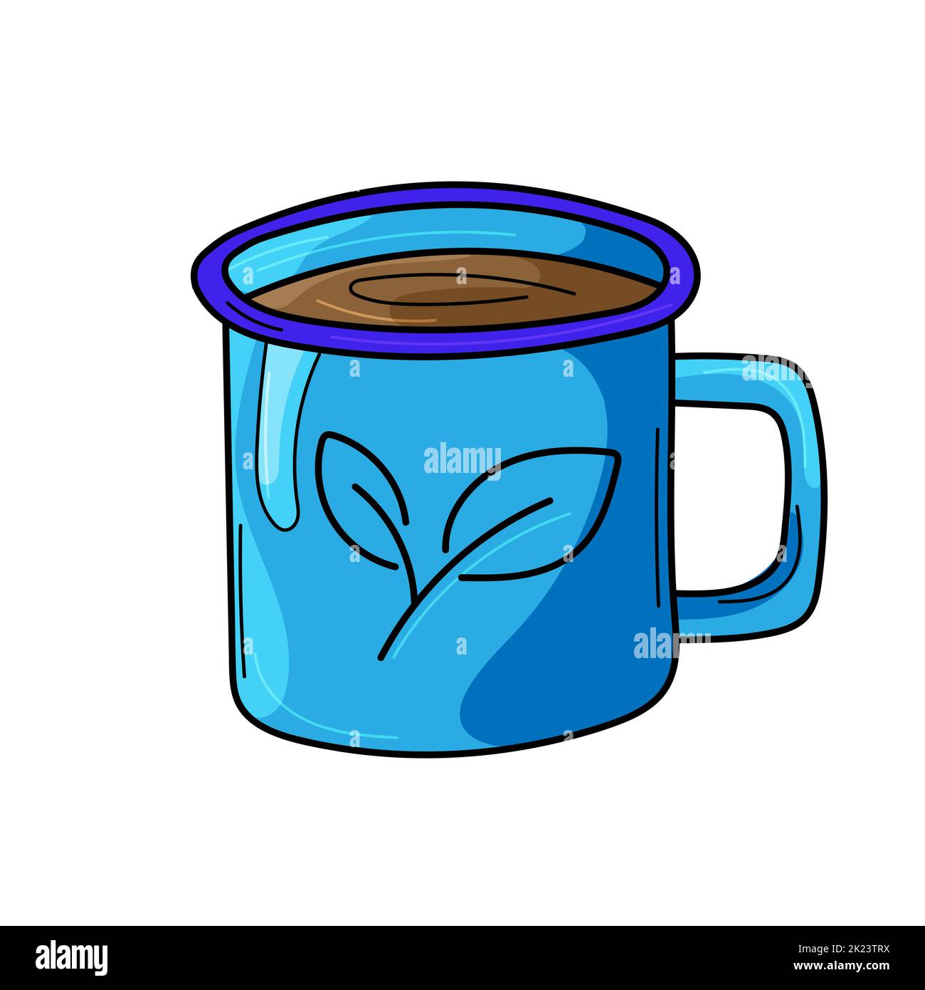 Une tasse de café ou de thé bleu. Dessin d'une feuille sur une tasse. Ambiance d'automne. Illustration vectorielle. Style de dessin animé Illustration de Vecteur