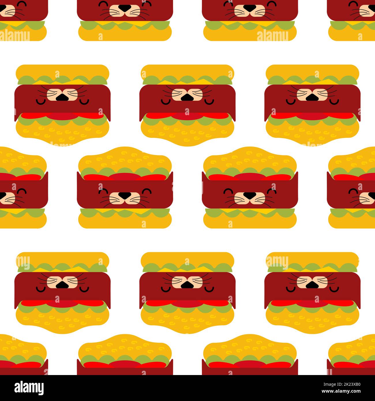 Motif de dessin animé chat Burger sans couture. Fond de chat hamburger Illustration de Vecteur
