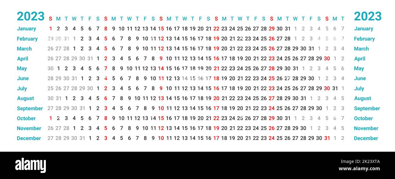 Modèle de calendrier linéaire 2023 avec la semaine commence le dimanche ...
