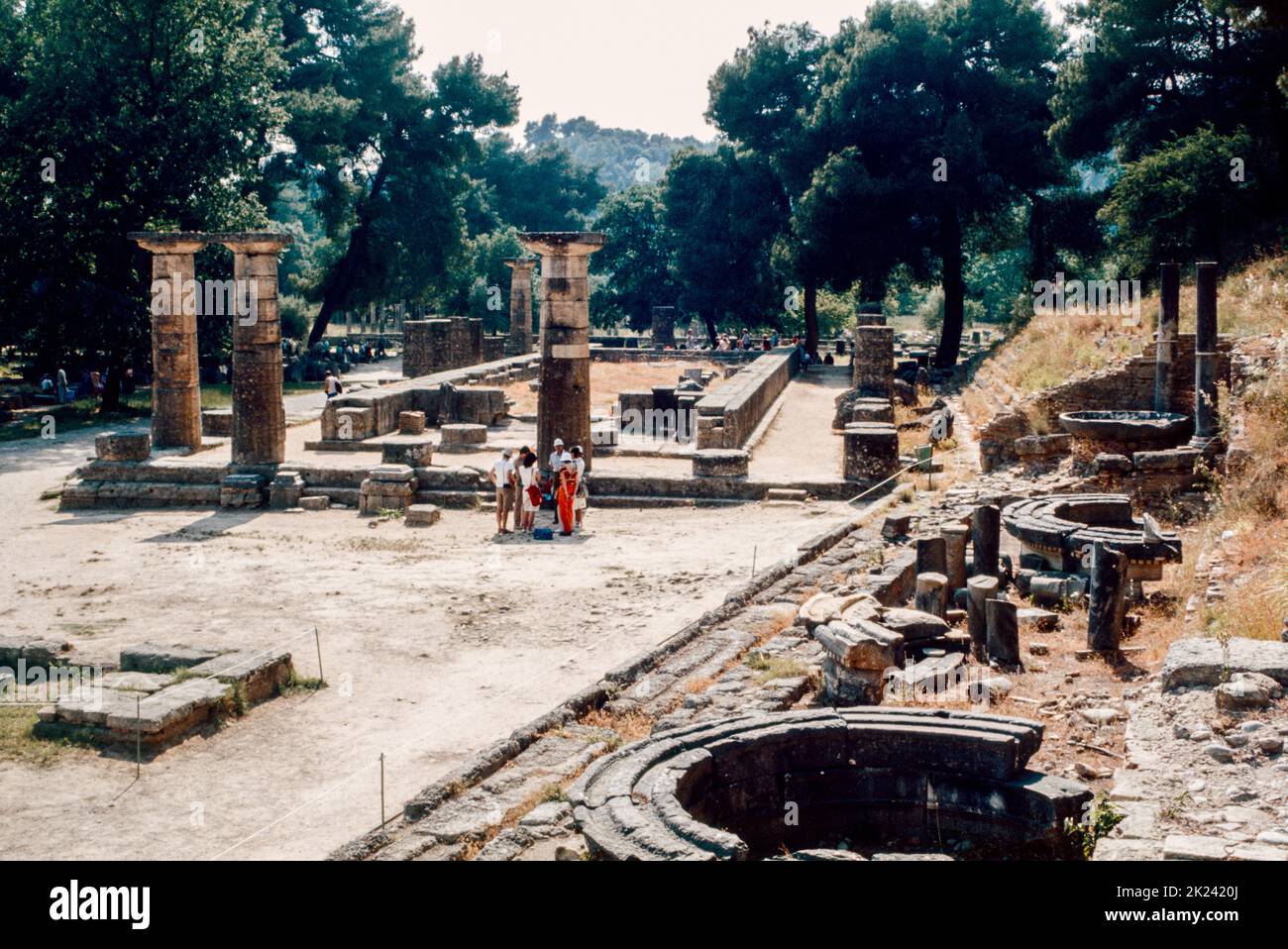 Colonnes doriques du Temple de Hera à Olympia - une petite ville d'Elis sur la péninsule du Péloponnèse en Grèce, célèbre pour le site archéologique voisin du même nom. Ce site était un sanctuaire religieux panhellénique majeur de la Grèce antique, où les Jeux Olympiques anciens ont eu lieu tous les quatre ans dans l'antiquité classique, du 8th siècle avant Jésus-Christ à la 4th siècle après J.-C. Banque D'Images