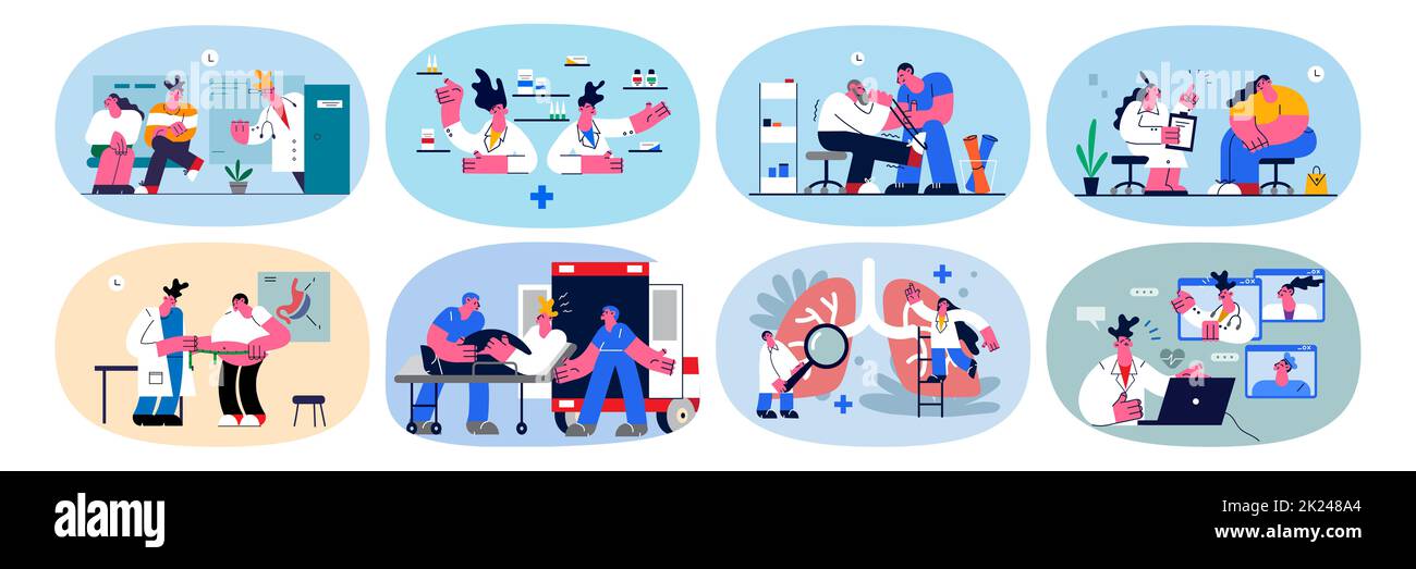 Un ensemble de médecins divers aident les patients malades à l'hôpital. La collecte de travailleurs médicaux ou d'infirmières aide à guérir les clients malsains en clinique. Santé, Banque D'Images