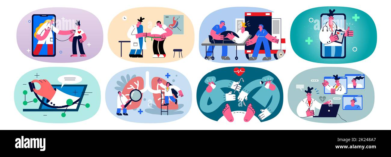Ensemble de médecins aident les patients en clinique, consulter des personnes hors ligne et en ligne sur gadget. Collection de travailleurs médicaux traiter des clients à l'hôpital, examiner Banque D'Images