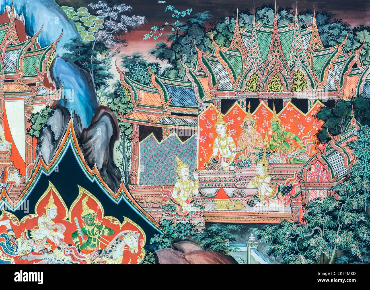 Suphanburi, Thaïlande - 31 janvier 2014 : peinture murale du temple bouddhiste (la vie du Bouddha) à l'intérieur de Wat Sampasiw à Suphan Buri, Thaïlande Banque D'Images