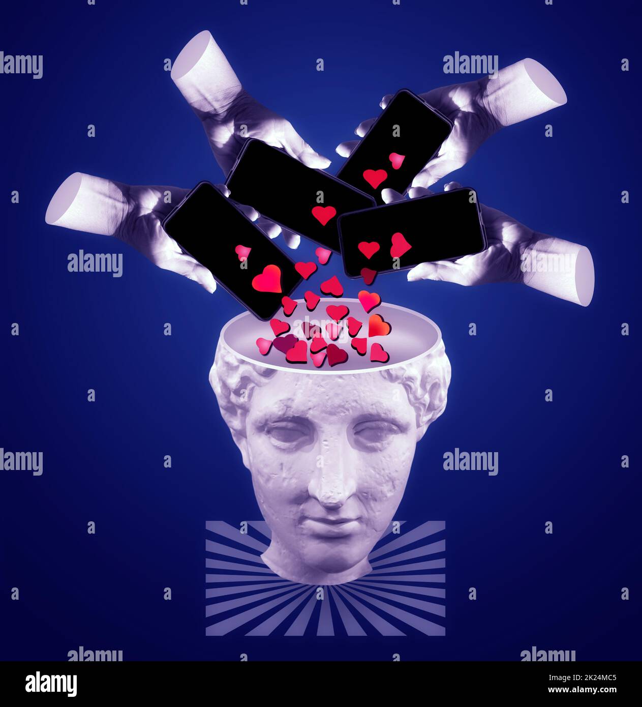 Gadget moderne et statue classique. Mains esthétiques sur fond lumineux, œuvres d'art. Concept de relation humaine, communauté, togetherness, symbolisme, surrea Banque D'Images