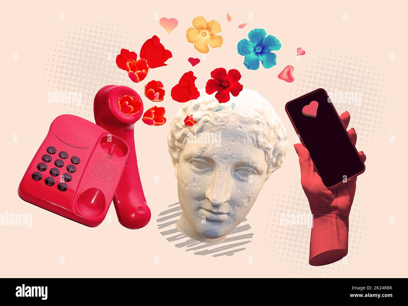 Gadget moderne et statue classique. Mains esthétiques sur fond lumineux, œuvres d'art. Concept de relation humaine, communauté, togetherness, symbolisme, surrea Banque D'Images