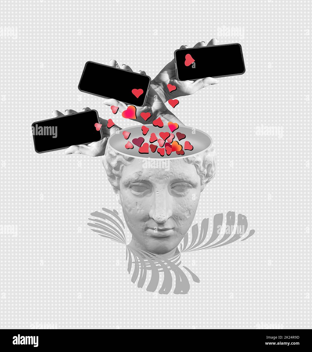 Gadget moderne et statue classique. Mains esthétiques sur fond lumineux, œuvres d'art. Concept de relation humaine, communauté, togetherness, symbolisme, surrea Banque D'Images