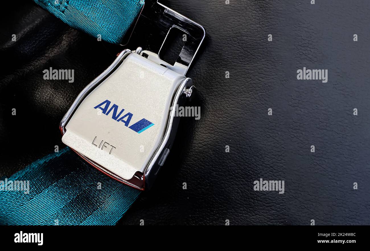 Tokyo, JAP, juillet 2019 : ceinture sous-abdominale verte d'un siège vide à l'intérieur d'un avion avec le logo ANA All Nippon Airways imprimé sur le métal. ANA est une japonaise Banque D'Images