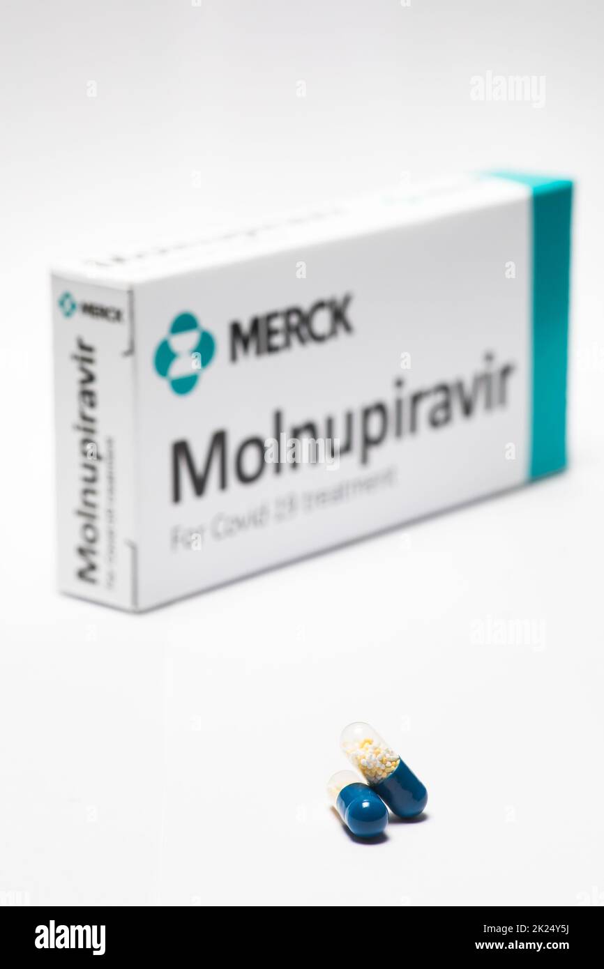 Bucarest, Roumanie - 2 février 2022 : image éditoriale illustrative de la pilule antivirale orale Molnupiravir développée par Merck. Virus Corona Banque D'Images Bucarest, Roumanie - 2 février 2022 : image éditoriale illustrative de la pilule antivirale orale Molnupiravir développée par Merck. Virus Corona Banque D'Images