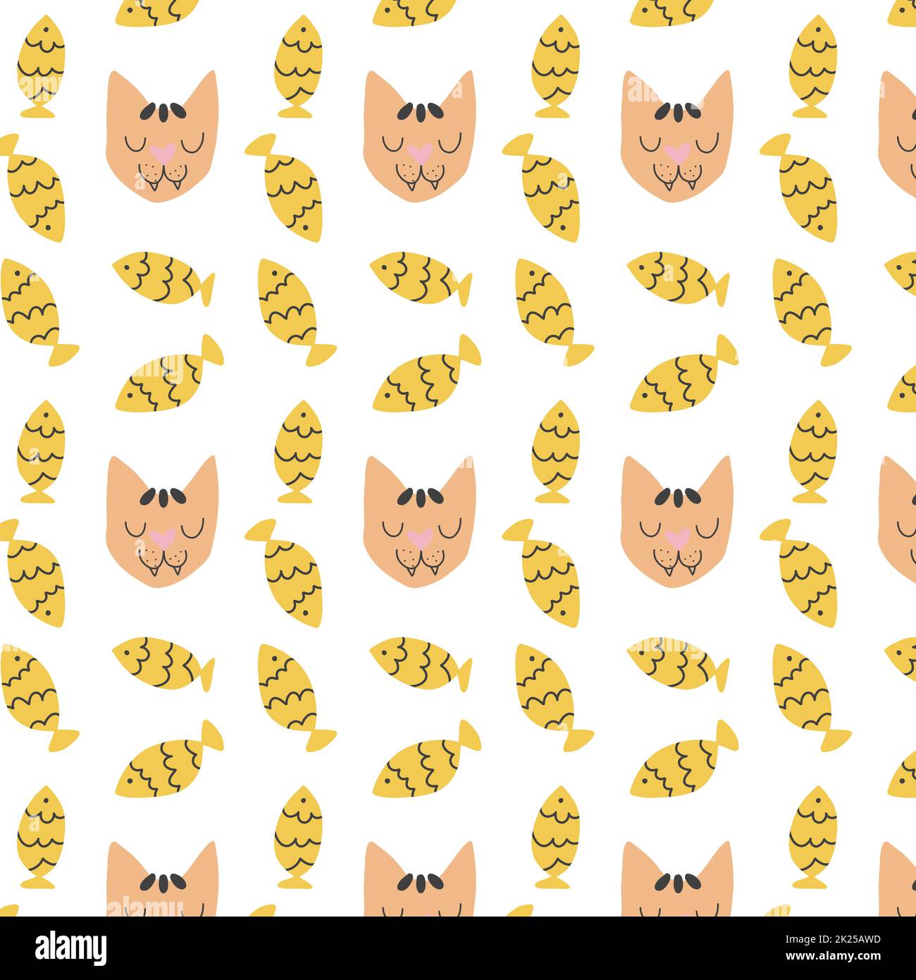 Joli chat de dessin animé avec motif poissons sans couture. Illustration de Vecteur