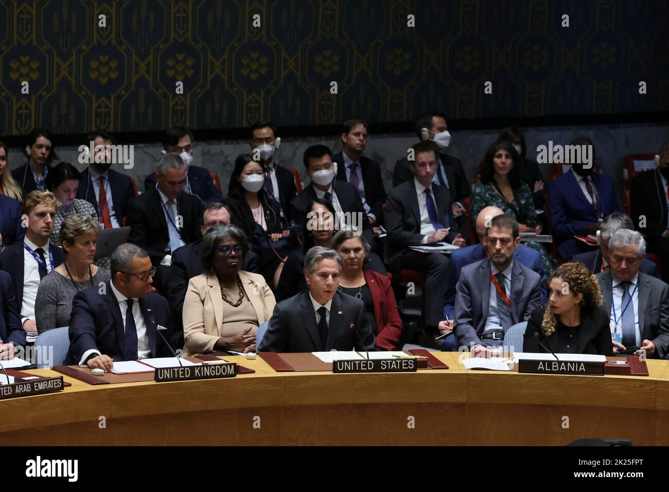 Le secrétaire d'État américain Antony Blinken parle lors d'une réunion de haut niveau du Conseil de sécurité des Nations Unies sur la situation dans le contexte de l'invasion de l'Ukraine par la Russie, lors de la session de 77th de l'Assemblée générale des Nations Unies au siège de l'ONU à New York, aux États-Unis, au 22 septembre 2022. REUTERS/Brendan McDermid Banque D'Images