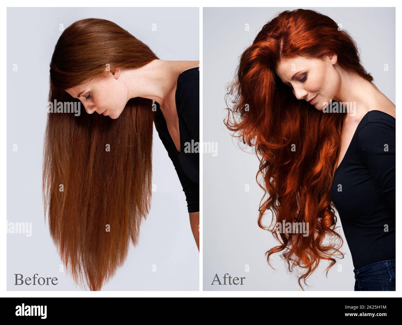 Nourrissez vos cheveux. Studio avant et après la prise de vue d'une belle jeune femme Banque D'Images