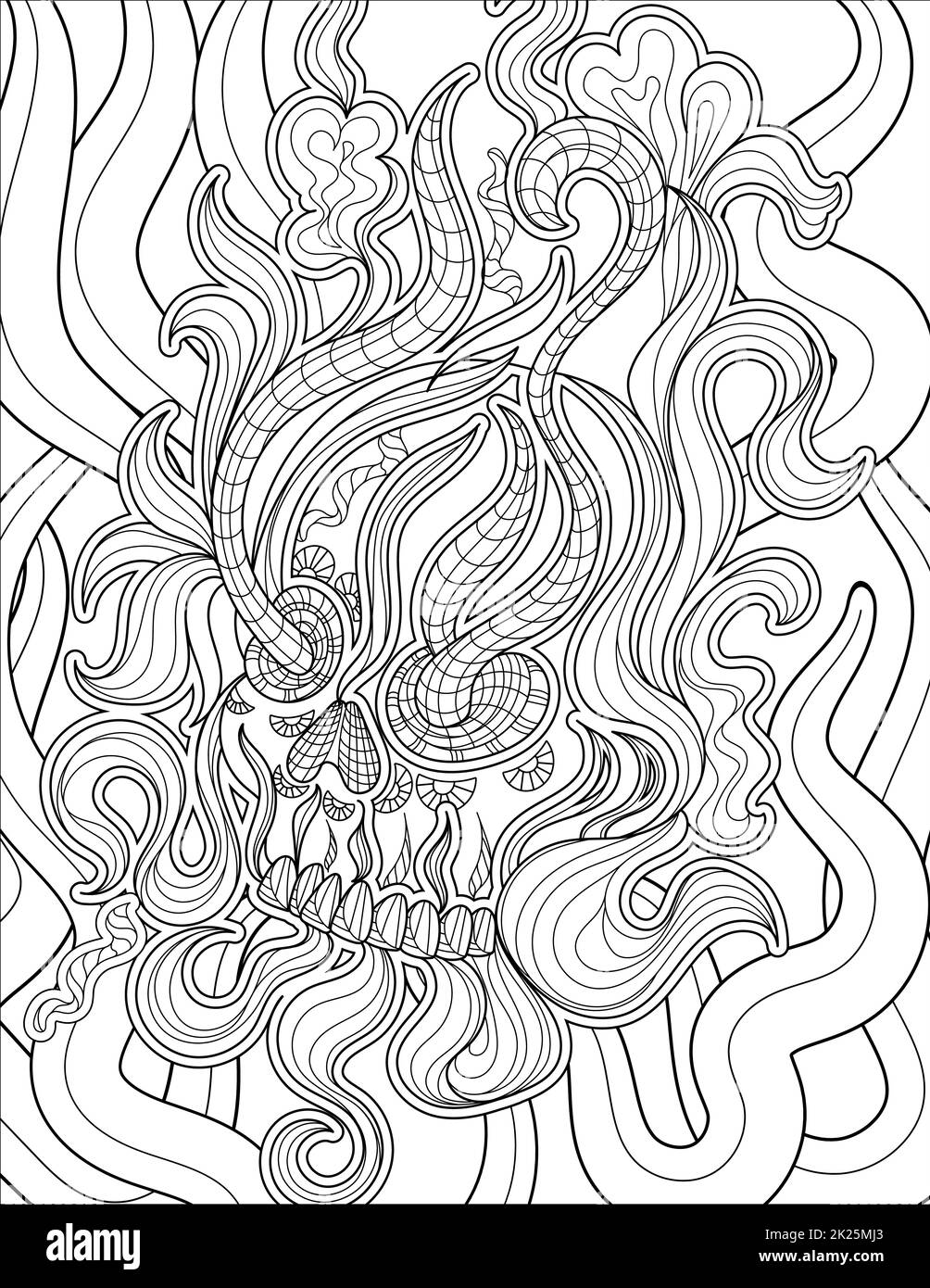 Crâne ligne dessin Tattoo avec des flammes provenant des yeux coloriage idée de livre Banque D'Images