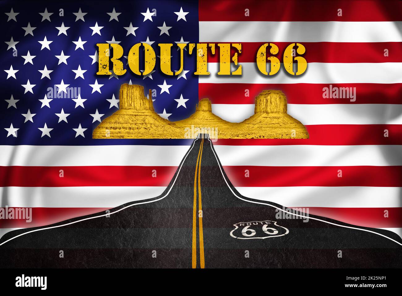 Illustration de la bannière historique de la route 66 sur le drapeau américain Banque D'Images