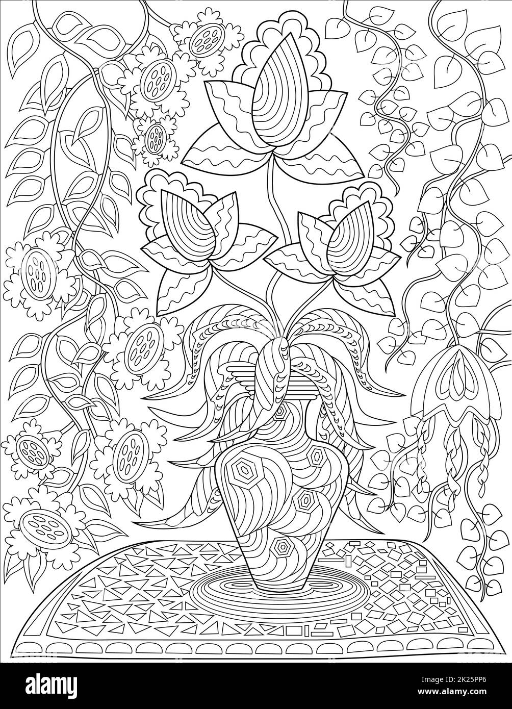 Vase fleuri sur table avec roses et fleurs assorties avec arrière-plan papier mural fleurs ligne dessin coloriage Livre Banque D'Images