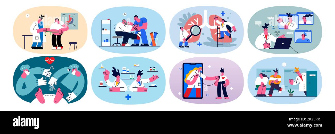 Un ensemble de médecins aident les patients de diverses personnes Banque D'Images