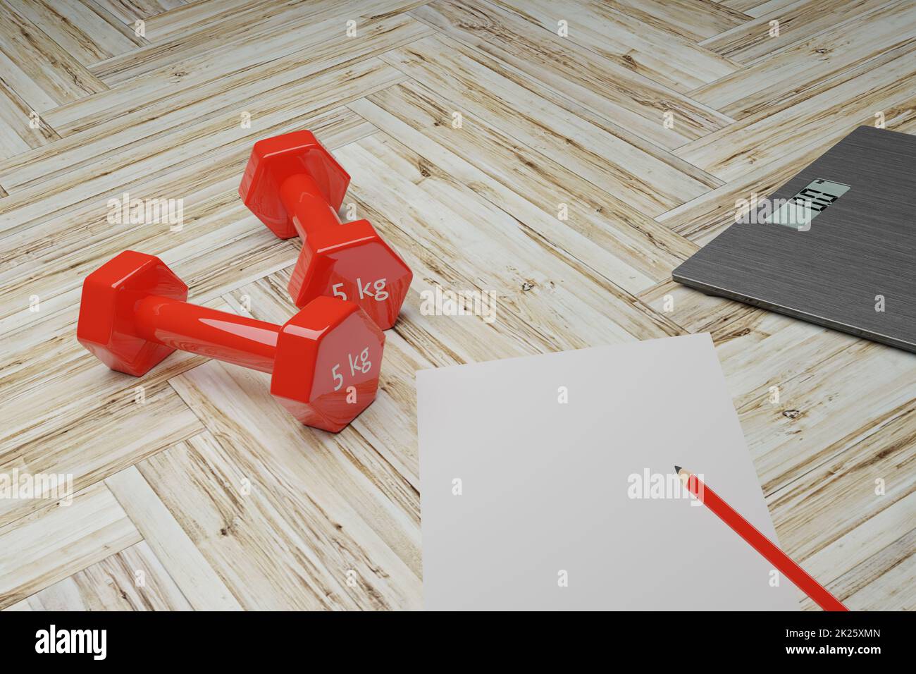 Deux haltères rouges sur un parquet Banque D'Images