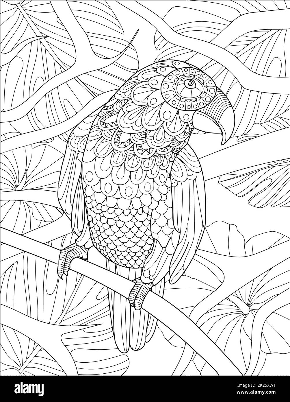 Oiseau debout sur l'arbre dessin de ligne de branche avec feuilles arrière-plan détaillé coloriage livre Banque D'Images