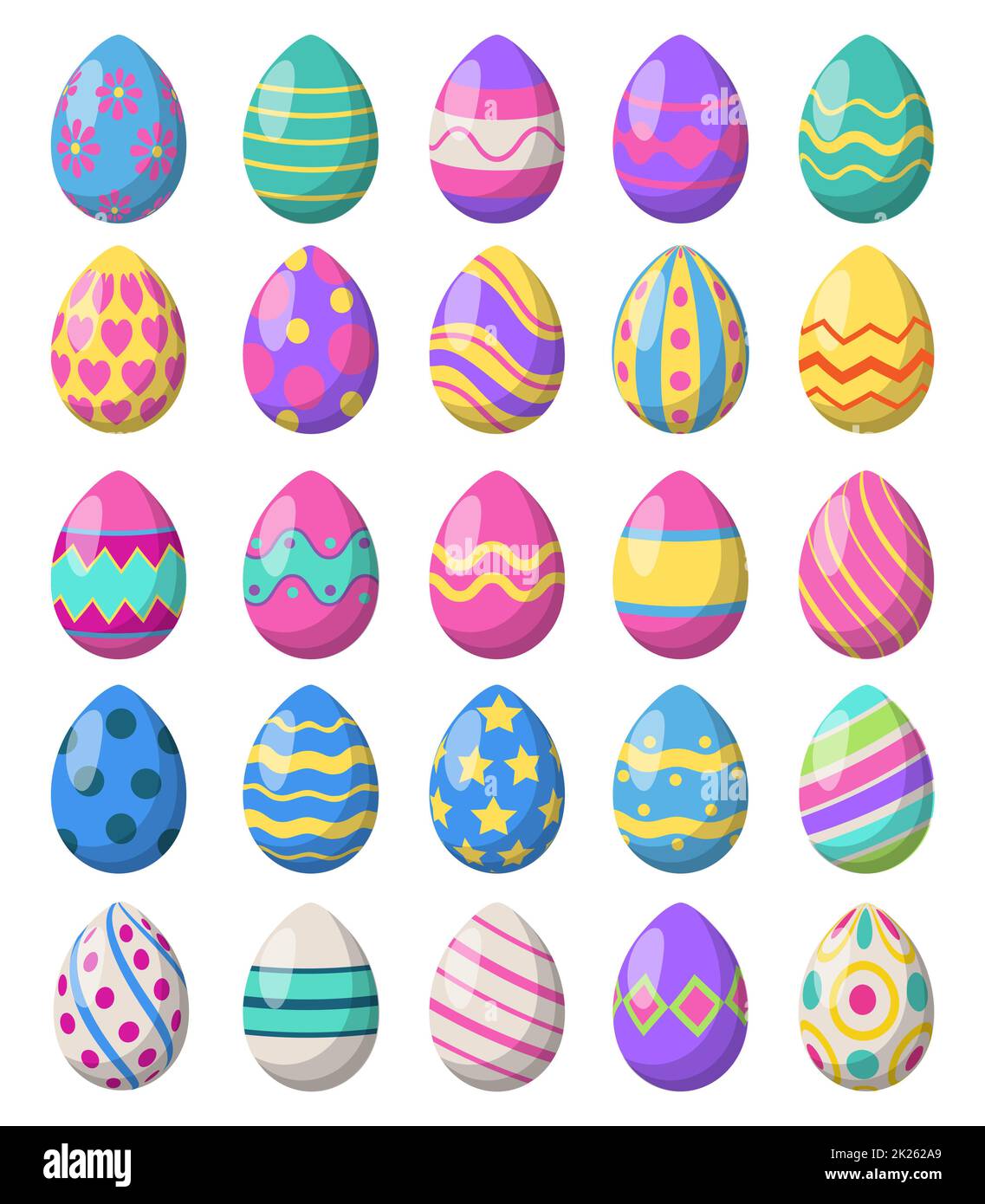 Ensemble de 25 œufs de Pâques colorés isolés sur fond blanc - Vector Banque D'Images