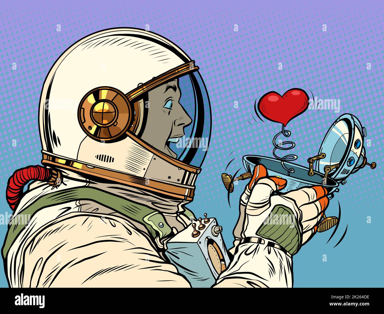 Surpris astronaute mâle regarde un coeur rouge dans un OVNI avion de vol boîte valentine surprise salutation, amour romance Banque D'Images