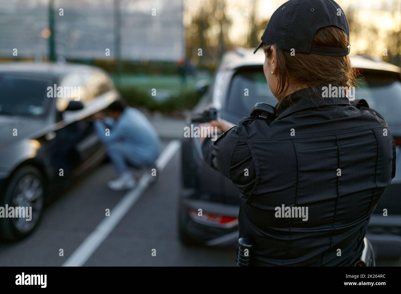 Policier visant un fusil à la vue arrière du voleur de voiture Banque D'Images
