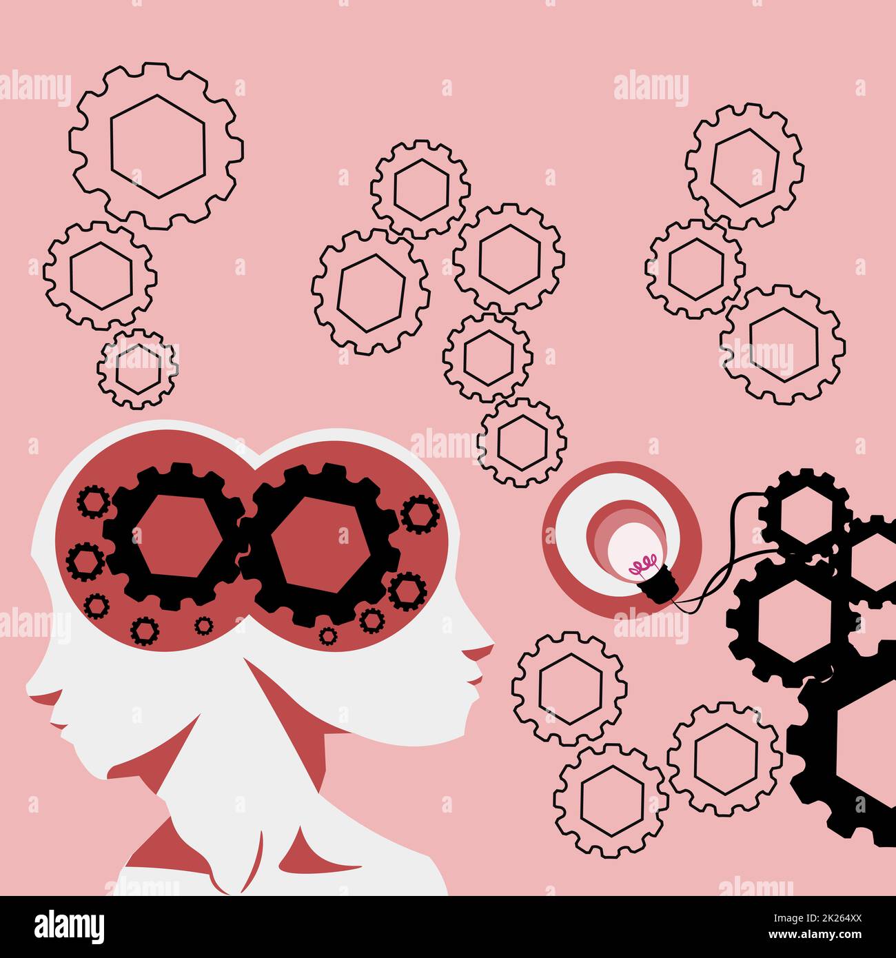 Deux chefs avec COGS montrant des idées technologiques.Gears in Brain Symbols Design Affichage d'une idée mécanique et technique. Banque D'Images