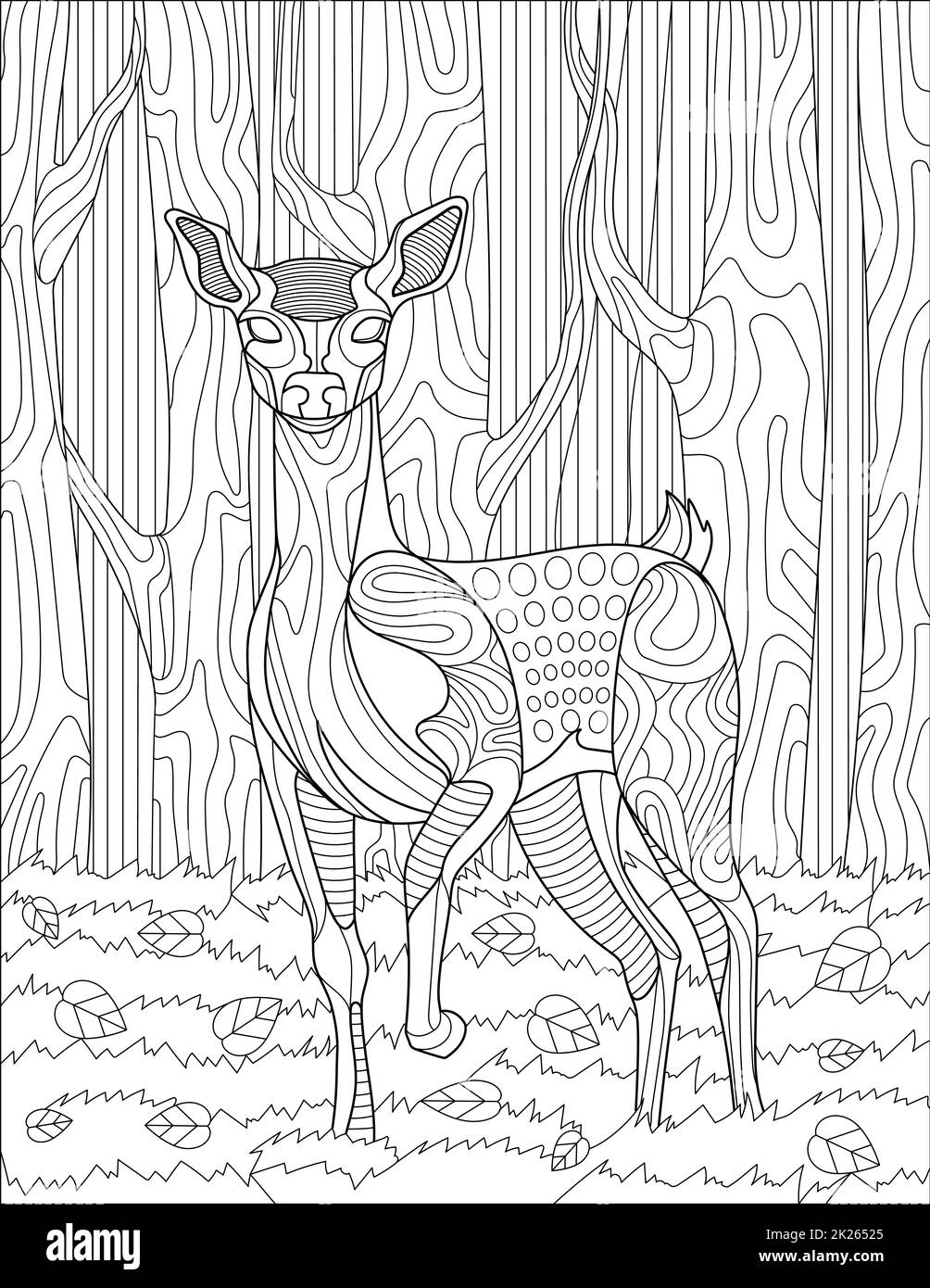 Cerf debout en ligne de forêt dessin avec des arbres en arrière-plan pour le livre de coloriage Banque D'Images