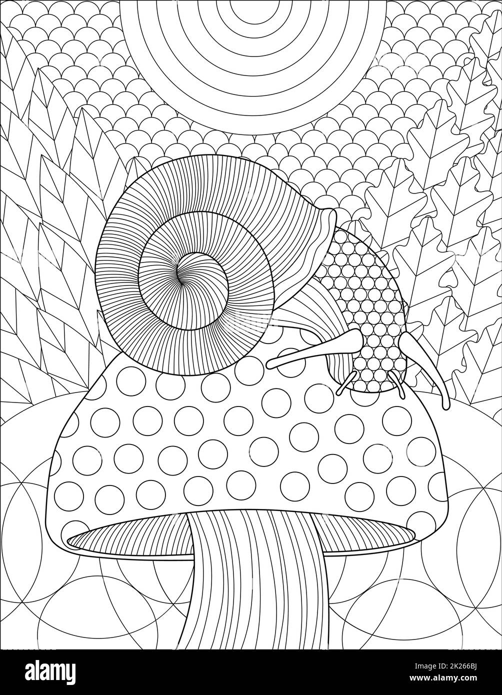 Escargot assis au-dessus de Mushroom après la ligne de pluie dessin avec motif détaillé arrière-plan coloriage Livre Banque D'Images