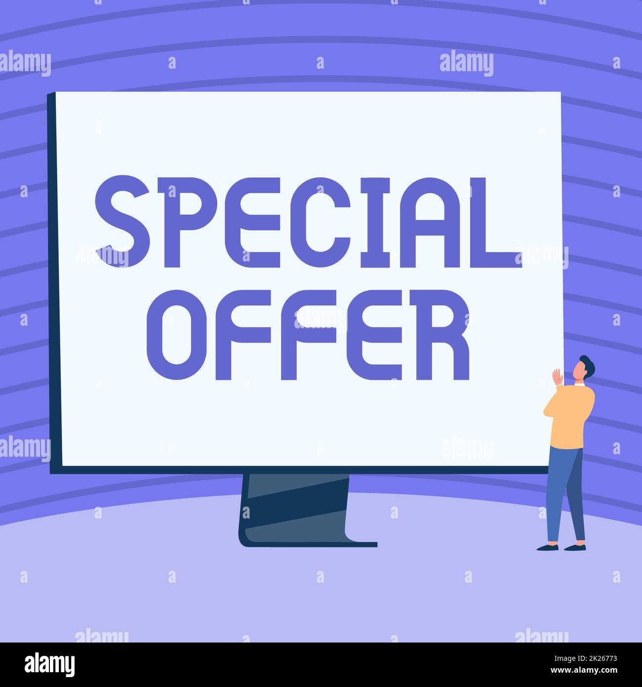 Rédaction affichant le texte offre spéciale. Business concept vendre à un prix inférieur ou réduit avec Freebies Man Standing dessin regardant le grand écran d'affichage montrant des nouvelles. Banque D'Images