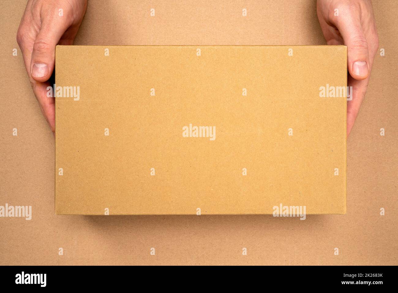 Mains avec boîte en carton marron pour l'emballage et la livraison Banque D'Images