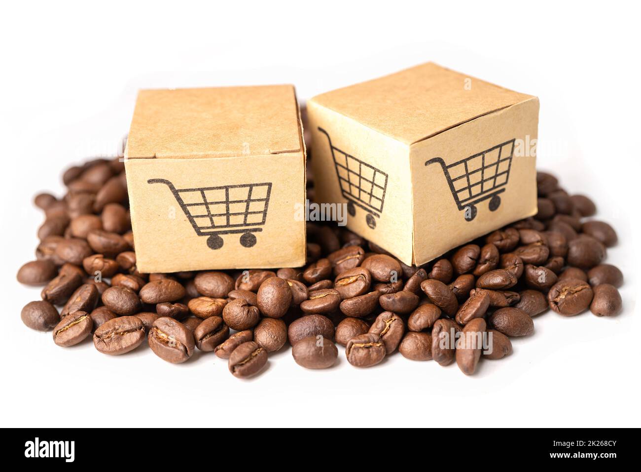Boîte avec le symbole du logo du panier sur les grains de café, Import Export Shopping en ligne ou le service de livraison du magasin de commerce électronique expédition de produits, commerce, concept de fournisseur. Banque D'Images