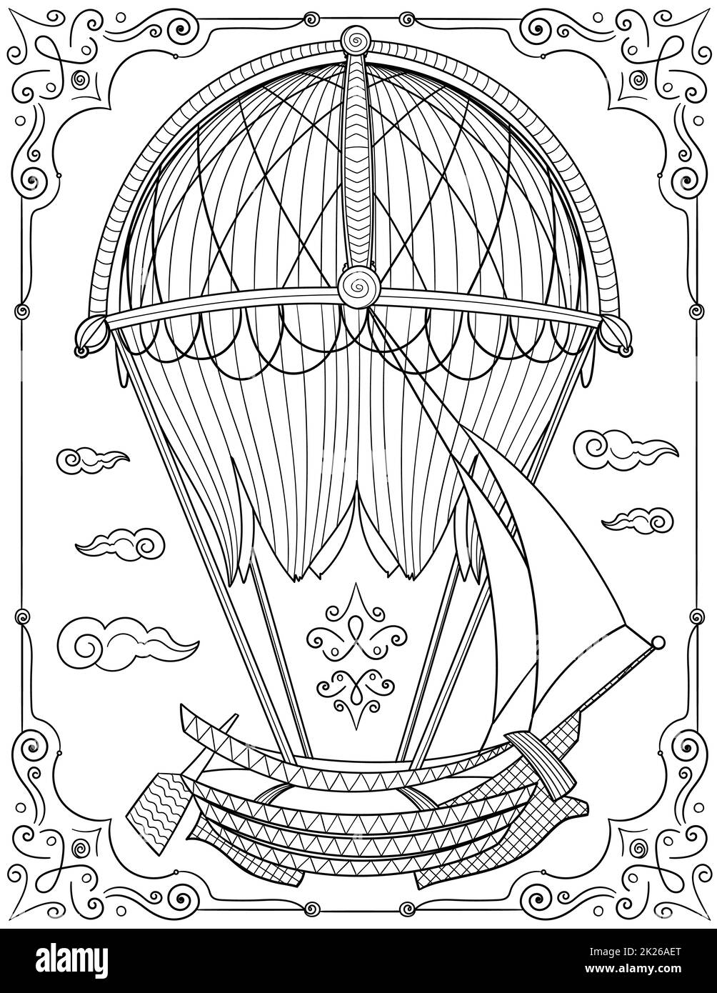 Montgolfière flottante tenant un navire dans Un cadre volant au-dessus de nuages ligne dessin coloriage livre Banque D'Images
