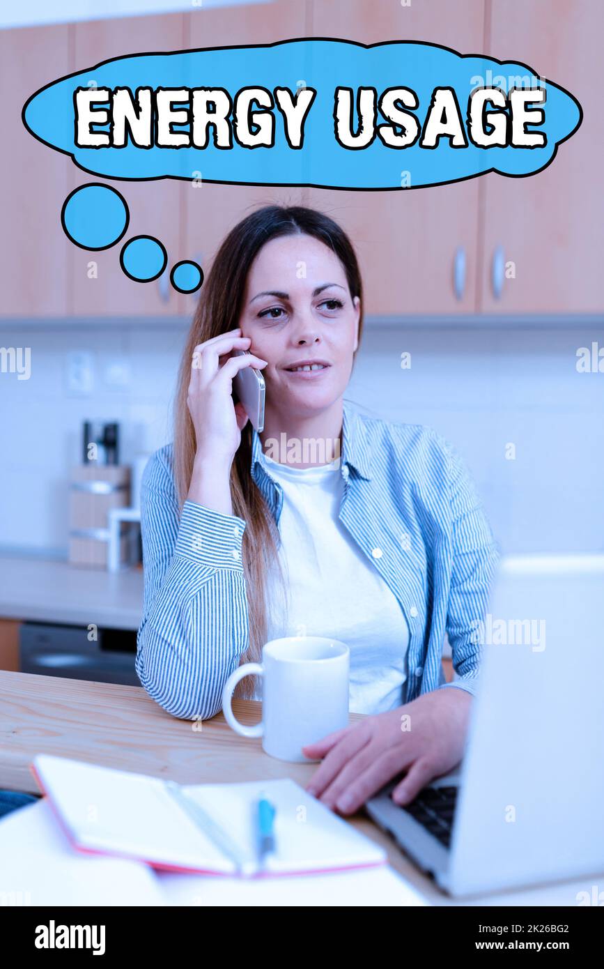 Inspiration montrant le symbole consommation d'énergie. Mot écrit sur la quantité d'énergie consommée ou utilisée dans un processus ou un système recherche conseils de nettoyage de cuisine en ligne, navigation Nouvelle recette de nourriture Banque D'Images