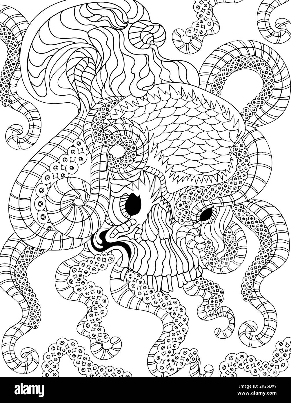 Poulpe tenant le crâne sous-marin entouré de Sea Grass Line dessin pour coloriage Book Banque D'Images