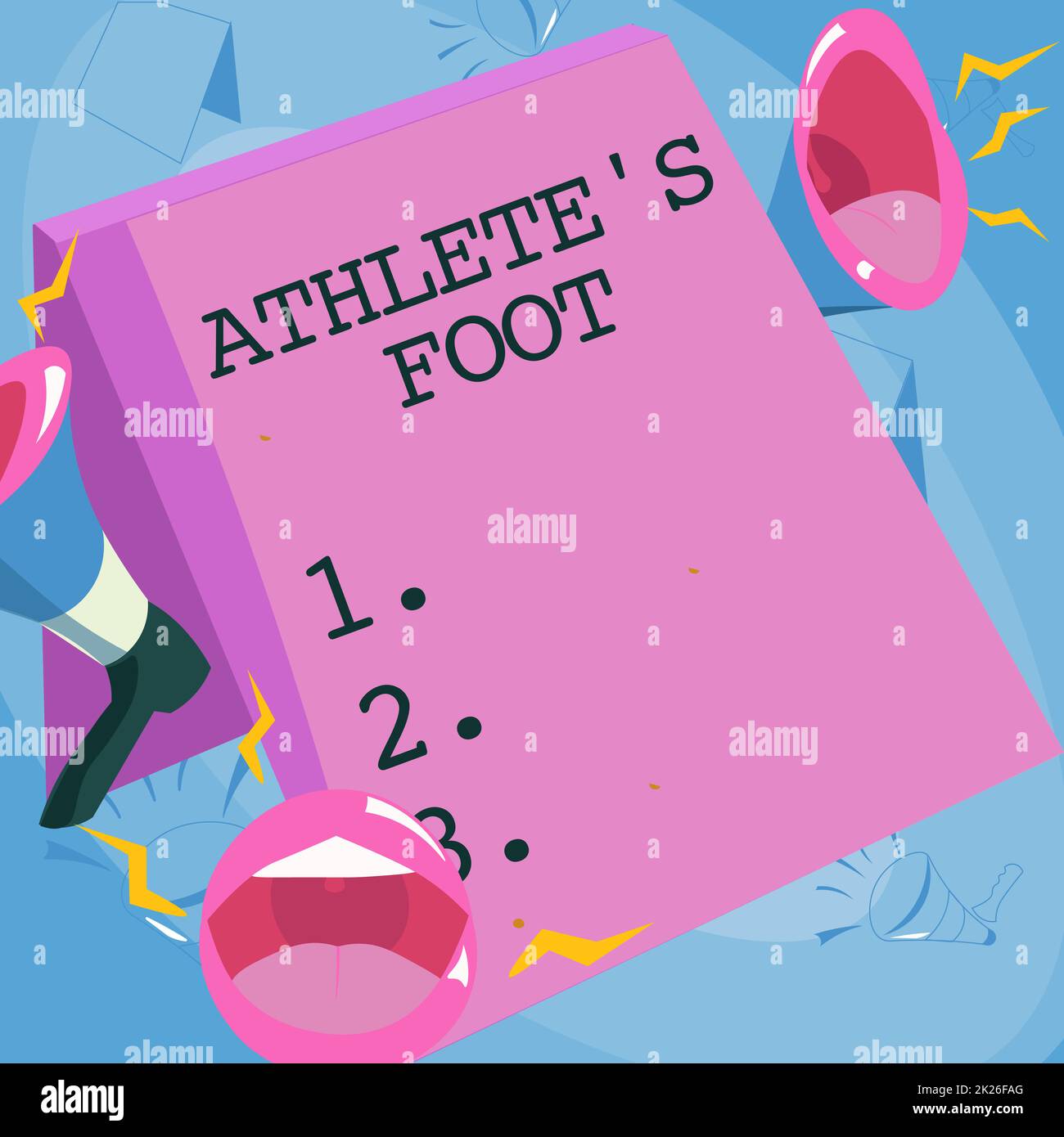 Affiche montrant l'athlète S est pied. Approche commerciale une infection fongique du pied marquée par des cloques lèvres mégaphones faire bruyamment une nouvelle annonce au public. Banque D'Images