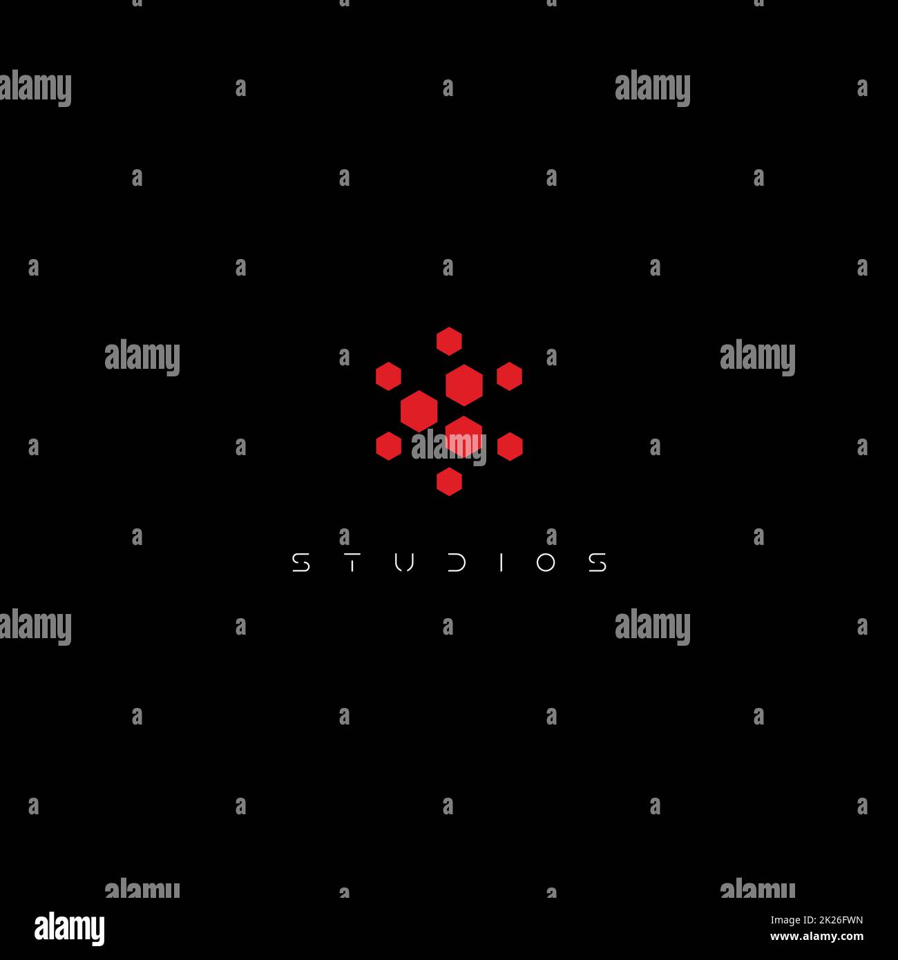 Forme inhabituelle de l'étoile, visée de points, modèle de logo de technologie numérique, fleur rouge abstraite sur fond noir, symbole d'identité rond, logo de vecteur isolé. Banque D'Images