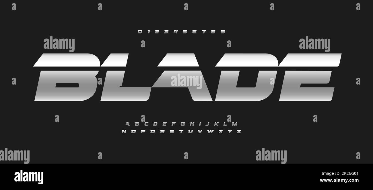 Caractères gras italique de l'alphabet Blade. Typographie automatique du logo, typographie vectorielle métallique. Jeu de lettres de lecteur pour le logo du jeu, le titre de vitesse, le titre de course, la tenue et le lettrage de course. Type d'acier Banque D'Images