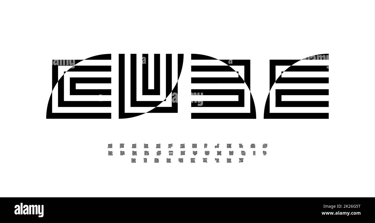 Alphabet abstrait géométrique, lettres décoratives. Forme carrée déformée pour la mode moderne ou le logo de l'architecture, et monogramme. Typographie d'illusion optique. Police Maze Bold, motif typographique vectoriel Banque D'Images