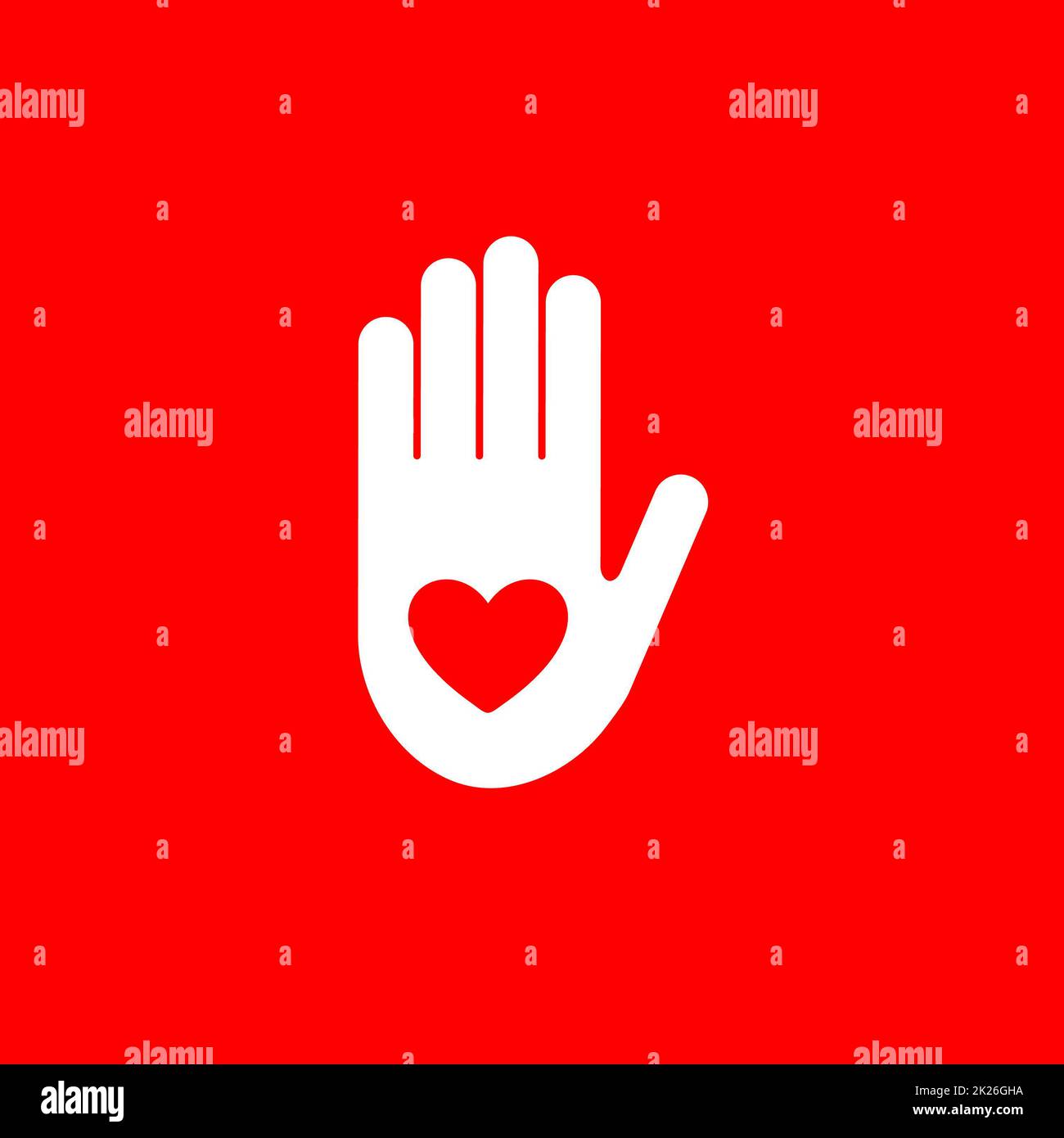 Cœur rouge isolé en logo vectoriel de main blanche. Comme symbole. Donnez cinq signes. Icône aide. Illustration du bénévolat. Chirurgie cardiaque. Emblème de cardiologie. Élément médical. Banque D'Images