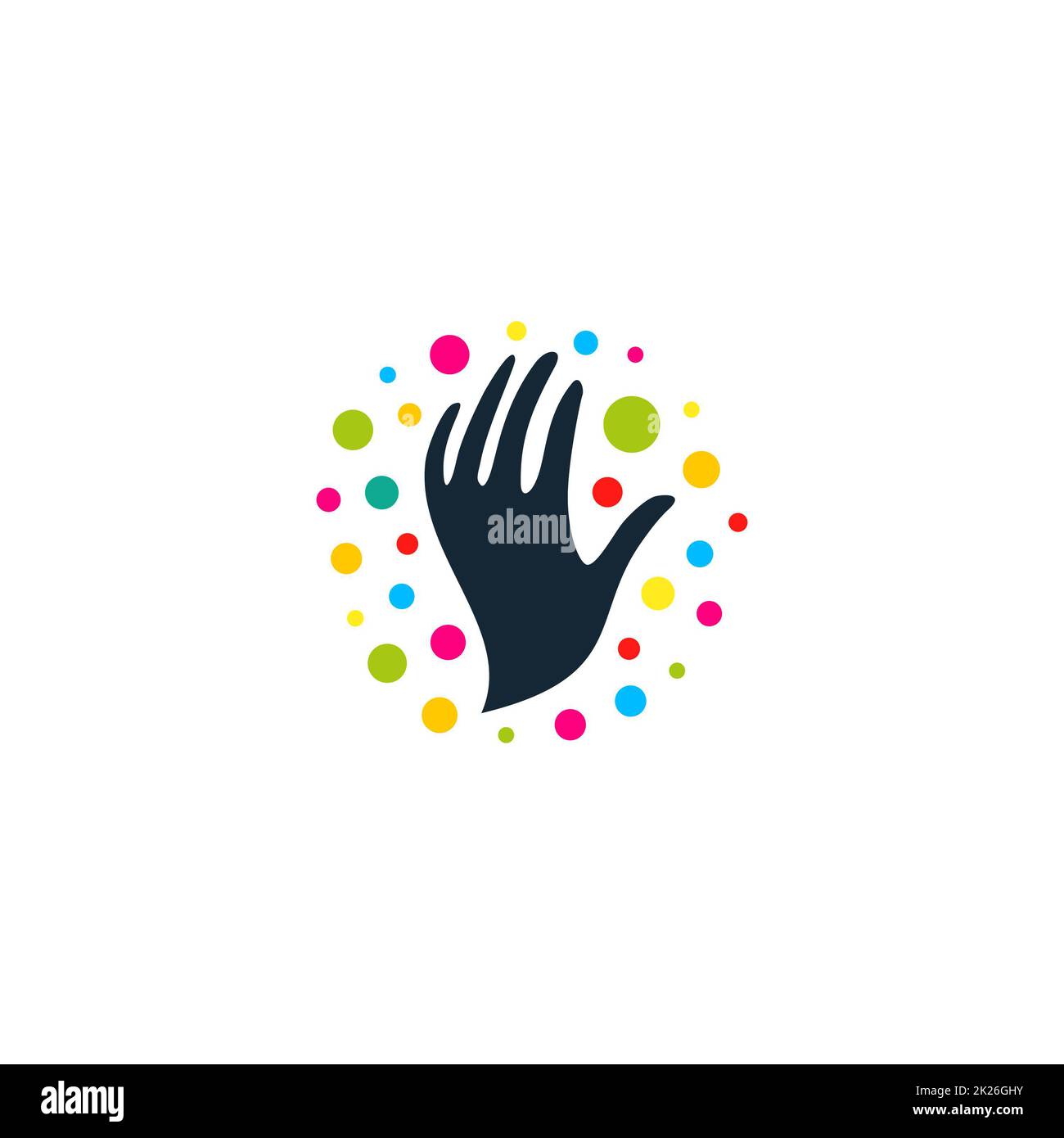 Logo rond avec l'image de mains noires, ballons colorés et joyeux fêtes de perles autour de ses mains vector illustration Banque D'Images