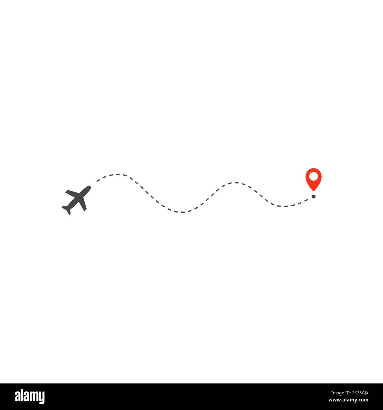 Icône Plan Way, direction du tracé d'avion et point rouge de destination, modèle de conception de logo, modèle d'illustration de vecteur de voyage de vacances sur fond blanc. Banque D'Images