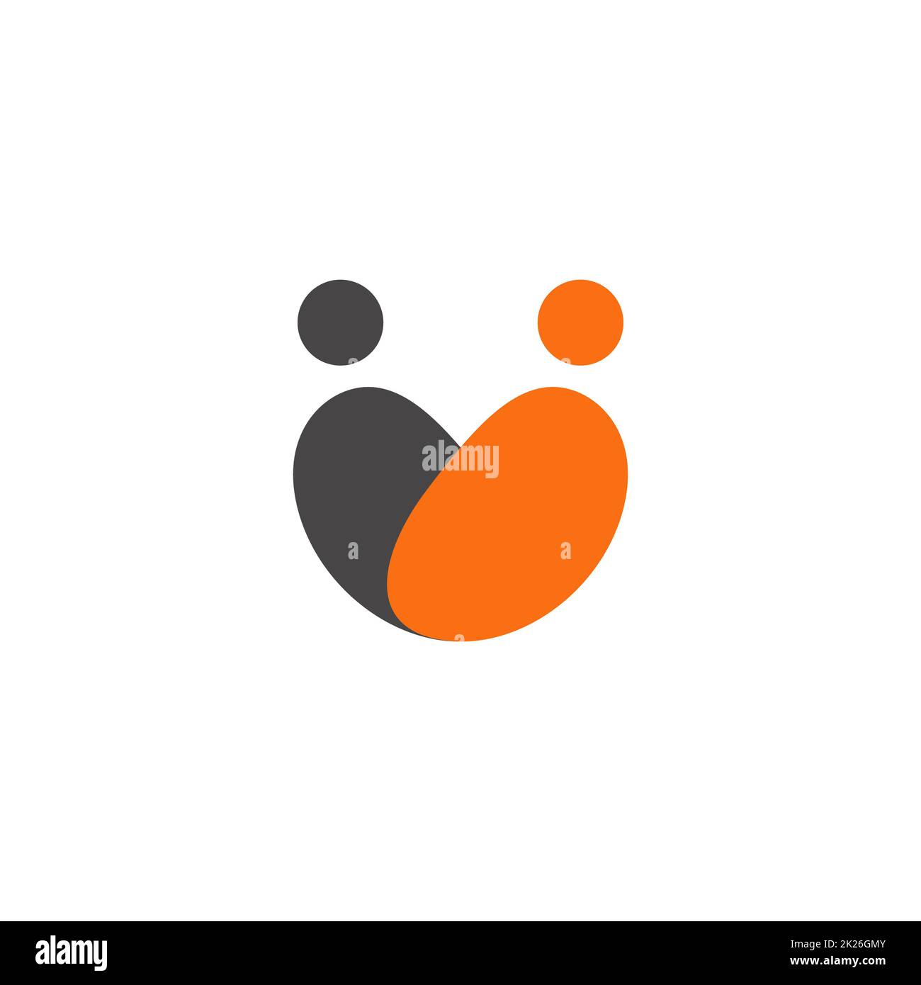 Silhouette humaine simple orange abstraite avec ombre noire. Symbole d'amour. Modèle de logo abstrait coeur. Logotype datant sur fond blanc. Banque D'Images