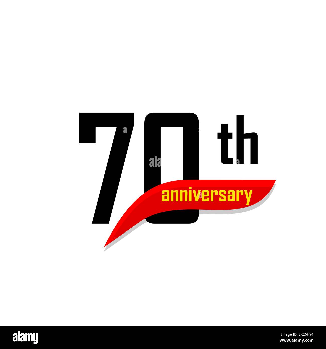 Logo vectoriel abstrait anniversaire 70th. Icône du soixante-dix joyeux anniversaire. Nombres noirs en forme de boomerang rouge avec texte jaune 70 ans. Banque D'Images