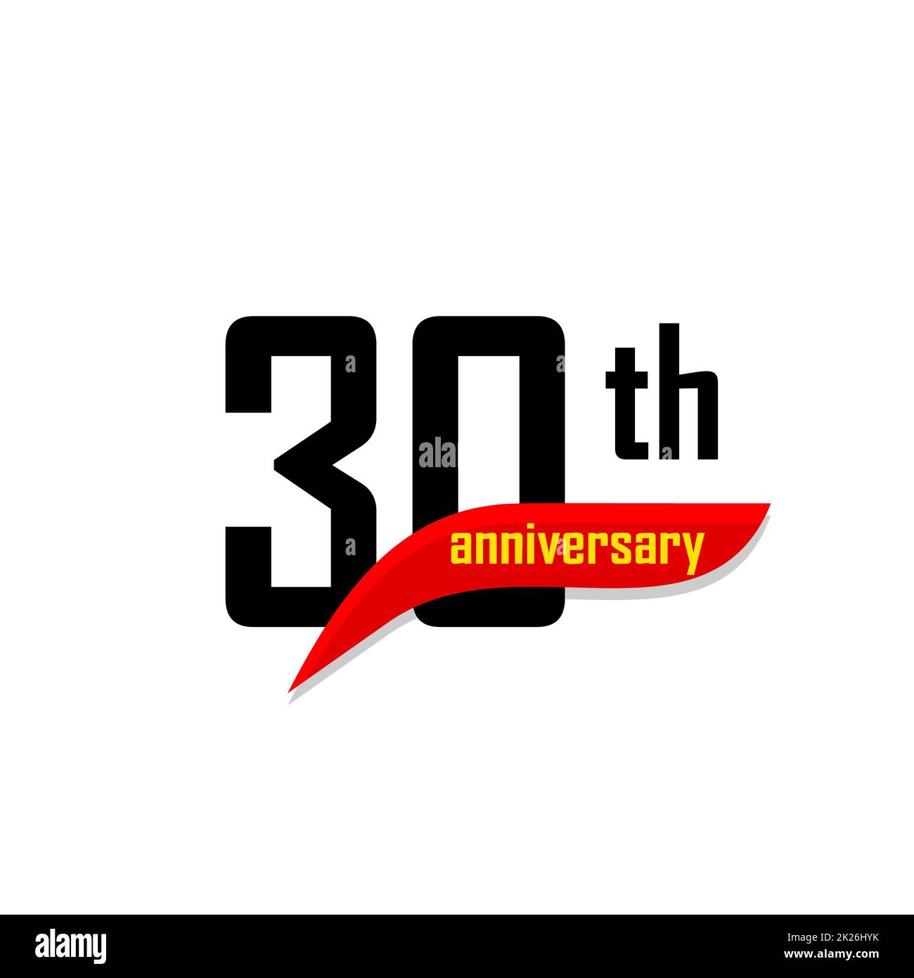 Logo vectoriel abstrait anniversaire 30th. Icône de trente joyeux anniversaire. Nombres noirs en forme de boomerang rouge avec texte jaune 30 ans. Banque D'Images