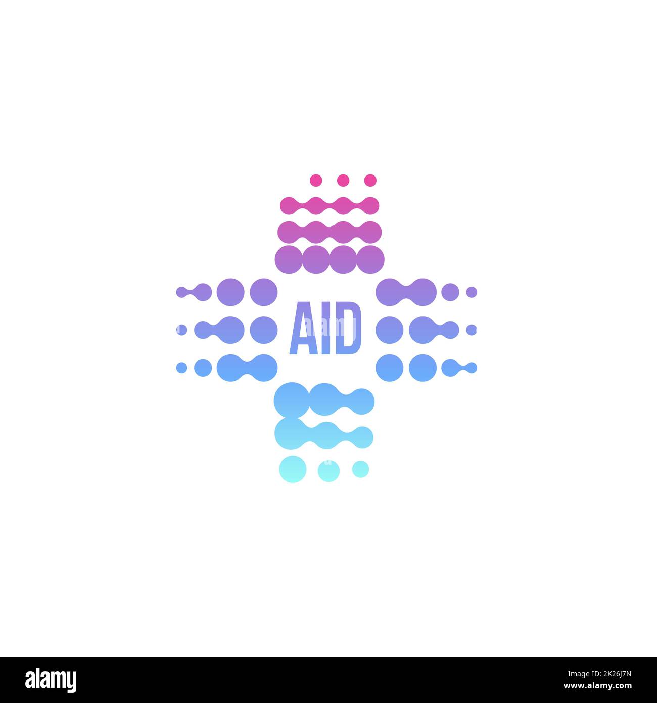 Logo violet en croix de l'aide abstraite, signe médical vectoriel. Banque D'Images