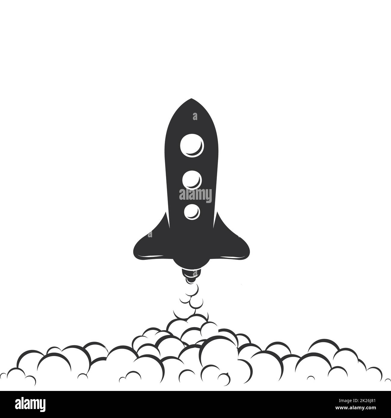 Icône fusée survolant. Lancement de Black Ship. Logo du produit innovation. Illustration vectorielle de la stratégie d'aspiration de l'entreprise sur fond blanc. Banque D'Images