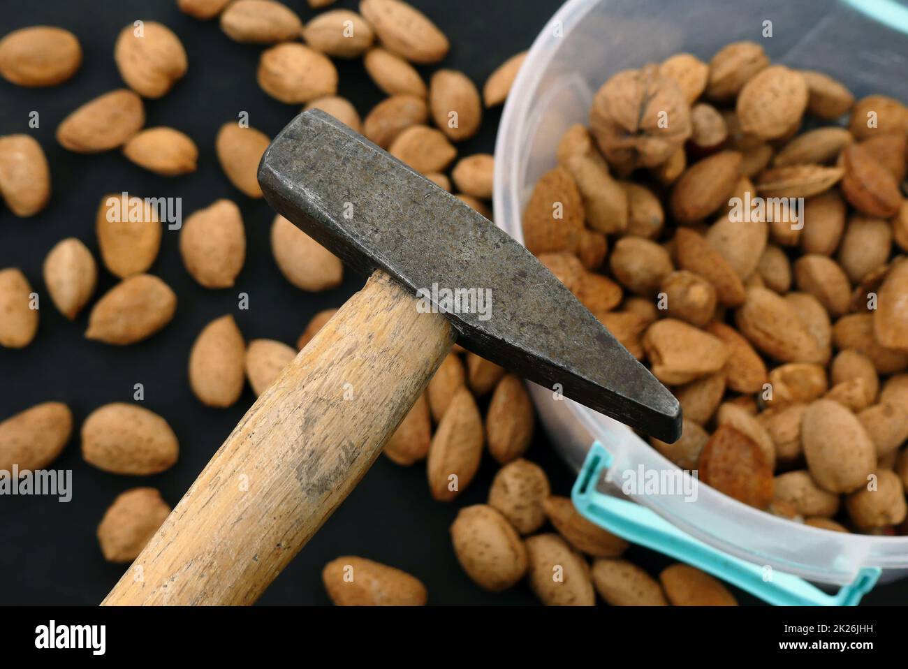 cassez les amandes décortiquées sèches avec un marteau. massez et séchez les amandes Banque D'Images