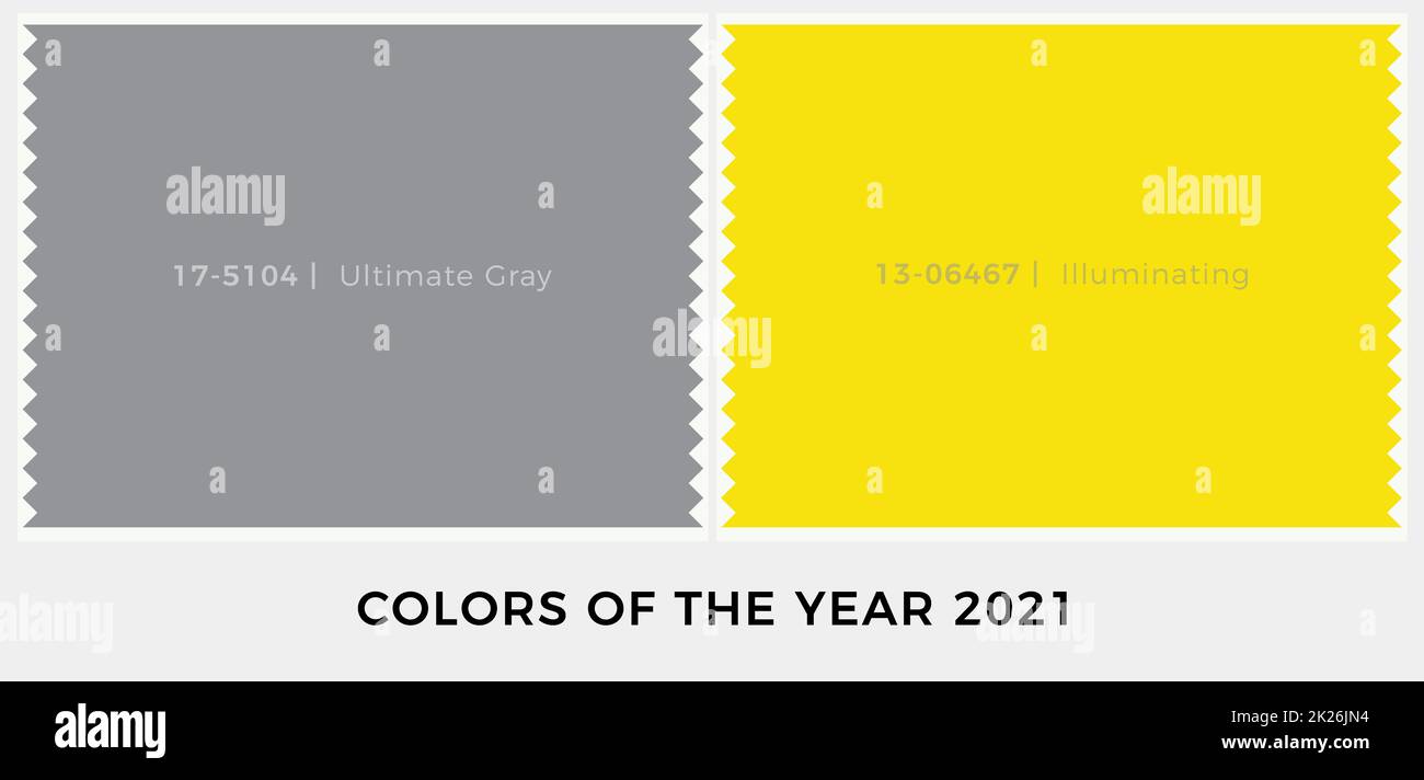 Les couleurs de l'année 2021, le gris ultime et vibrant illuminent le jaune, deux couleurs indépendantes. Échantillon de carte d'échantillon de coton, illustration vectorielle Banque D'Images