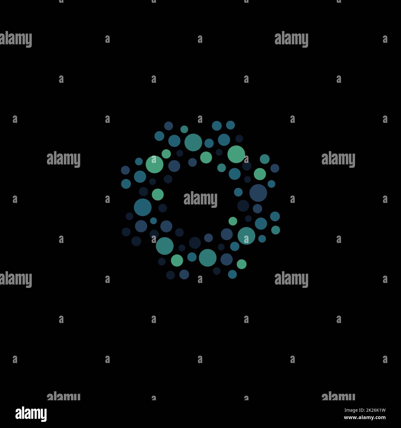 Logo bleu abstrait de forme ronde isolé, logotype en pointillés, illustration vectorielle d'élément d'eau sur fond noir Banque D'Images