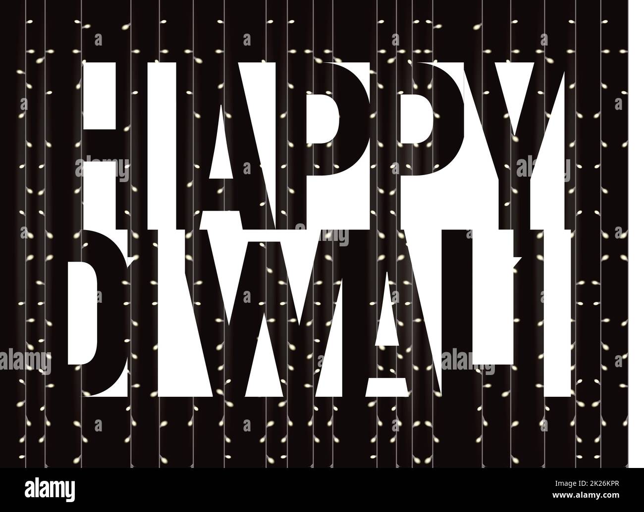 Happy Diwali vector banner, texte blanc sur fond noir avec des petites lumières. Le Diwali, l'affiche de l'espace négatif des lettres. Banque D'Images